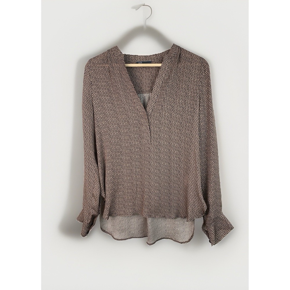 Vince Women's 8 Blue Brown 100% Silk V-Neck Long Sleeve Pullover Blouse